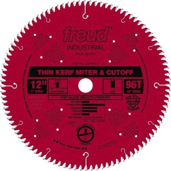 Freud - 12" Diam, 1" Arbor Hole Diam, 96 Tooth Wet & Dry Cut Saw Blade - Carbide-Tipped, Standard Round Arbor - Apex Tool & Supply