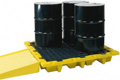 Eagle - 66 Gal Sump, 6,000 Lb Capacity, 4 Drum, Polyethylene Spill Deck or Pallet - 58-1/2" Long x 58-1/2" Wide x 13.43" High, Yellow, Liftable Fork, Drain Included, Low Profile, Vertical, 2 x 2 Drum Configuration - Apex Tool & Supply
