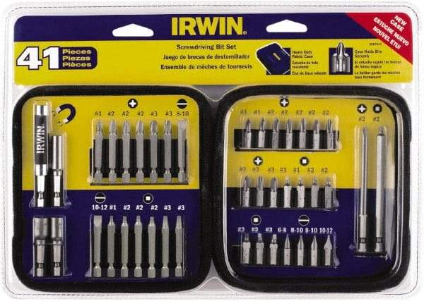 Irwin - 41 Piece, 1/4" Drive Screwdriver Bit Set - #1 to #3 Phillips, 0.05 to 1/4" Hex, 1.27 to 10mm Hex, #1 to #3 Square Recess - Apex Tool & Supply