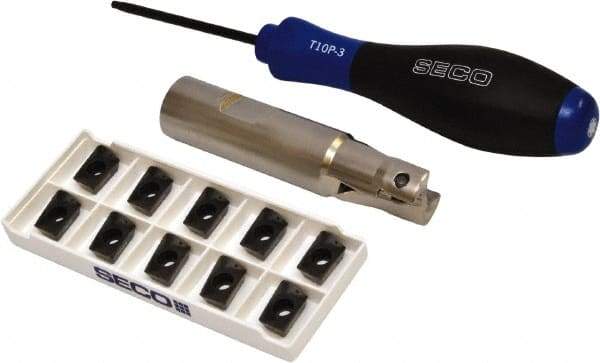 Seco - 3/4" Cut Diam, 0.433" Max Depth of Cut, 3/4" Shank Diam, 3.38" OAL, Indexable Square Shoulder End Mill - XO.X 1204.. Inserts, Weldon Shank, 90° Lead Angle, Through Coolant, Series Super Turbo - Apex Tool & Supply
