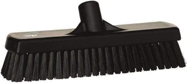 Vikan - 1.7" Bristle Length, Polyester Scrub Brush - 11-1/4" Long x 3" Wide Head, 12" OAL, European Threaded Handle, Black, Polypropylene Block - Apex Tool & Supply