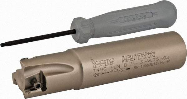 Iscar - 3/4" Cut Diam, 0.315" Max Depth of Cut, 3/4" Shank Diam, 3.38" OAL, Indexable Square Shoulder Helical End Mill - T490 LN.T 0804 Inserts, Weldon Shank, 90° Lead Angle, Series Helitang - Apex Tool & Supply