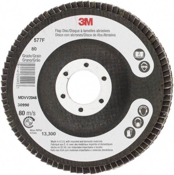 3M - 80 Grit, 4-1/2" Disc Diam, 7/8" Center Hole, Type 29 Zirconia Alumina Flap Disc - 13,300 Max RPM, Cloth Backing, Arbor Attaching System, Coated - Apex Tool & Supply