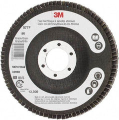 3M - 80 Grit, 4-1/2" Disc Diam, 7/8" Center Hole, Type 29 Zirconia Alumina Flap Disc - 13,300 Max RPM, Cloth Backing, Arbor Attaching System, Coated - Apex Tool & Supply