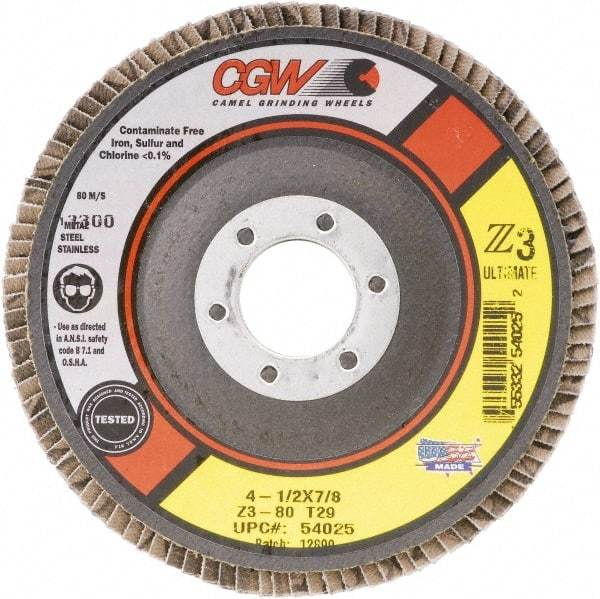 Camel Grinding Wheels - 80 Grit, 4-1/2" Disc Diam, 7/8" Center Hole, Type 27 Zirconia Alumina Flap Disc - 13,300 Max RPM, Poly Cotton Backing, Arbor Attaching System, Coated - Apex Tool & Supply