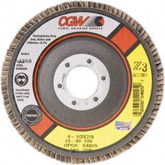 Camel Grinding Wheels - 60 Grit, 4-1/2" Disc Diam, 7/8" Center Hole, Type 27 Zirconia Alumina Flap Disc - 13,300 Max RPM, Poly Cotton Backing, Arbor Attaching System, Coated - Apex Tool & Supply