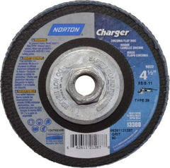 Norton - 80 Grit, 4-1/2" Disc Diam, 5/8-11 Center Hole, Type 29 Zirconia Alumina Flap Disc - 13,000 Max RPM, Fiberglass Backing, Arbor Attaching System, Coated - Apex Tool & Supply