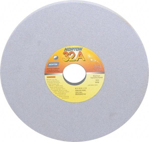 Norton - 8" Diam x 1-1/4" Hole x 1/2" Thick, I Hardness, 100 Grit Surface Grinding Wheel - Aluminum Oxide, Type 1, Fine Grade, 3,600 Max RPM, Vitrified Bond, No Recess - Apex Tool & Supply