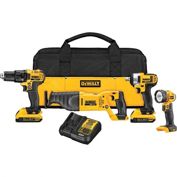 DeWALT - 20 Volt Cordless Tool Combination Kit - Includes 1/2" Drill/Driver, 1/2" Impact Wrench, Reciprocating Saw & Handheld Light, Lithium-Ion Battery Included - Apex Tool & Supply
