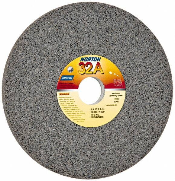 Norton - 8" Diam x 1-1/4" Hole x 1/2" Thick, H Hardness, 60 Grit Surface Grinding Wheel - Aluminum Oxide, Type 1, Medium Grade, 3,600 Max RPM, Vitrified Bond, No Recess - Apex Tool & Supply