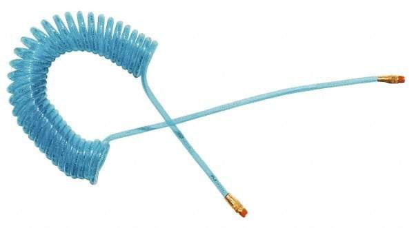 Coilhose Pneumatics - 1/4" ID, 1/4 Thread, 25' Long, Transparent Blue Polyurethane Coiled & Self Storing Hose - 125 Max psi, Male Swivel x Male Swivel - Apex Tool & Supply