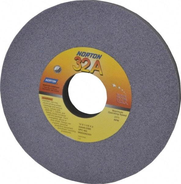 Norton - 12" Diam x 3" Hole x 1-1/4" Thick, I Hardness, 46 Grit Surface Grinding Wheel - Aluminum Oxide, Type 1, Coarse Grade, 2,070 Max RPM, Vitrified Bond, No Recess - Apex Tool & Supply