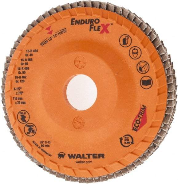 WALTER Surface Technologies - 40 Grit, 4-1/2" Disc Diam, 7/8" Center Hole, Zirconia Alumina Flap Disc - 13,300 Max RPM, Plastic Backing, Arbor Attaching System, Coated - Apex Tool & Supply
