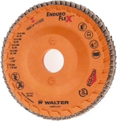 WALTER Surface Technologies - 40 Grit, 4-1/2" Disc Diam, 7/8" Center Hole, Zirconia Alumina Flap Disc - 13,300 Max RPM, Plastic Backing, Arbor Attaching System, Coated - Apex Tool & Supply