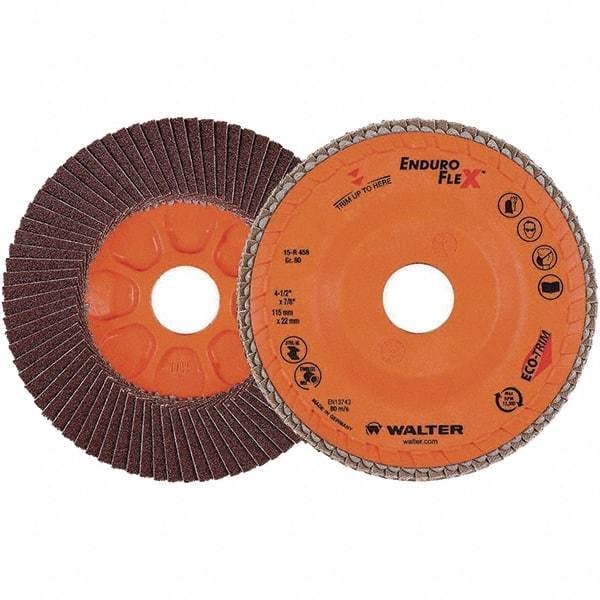 WALTER Surface Technologies - 80 Grit, 4-1/2" Disc Diam, 7/8" Center Hole, Zirconia Alumina Flap Disc - 13,300 Max RPM, Plastic Backing, Arbor Attaching System, Coated - Apex Tool & Supply