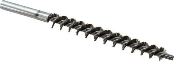 Schaefer Brush - 4" Brush Length, 1/2" Diam, Double Stem, Single Spiral Tube Brush - 6-1/4" Long, Stainless Steel, 12-24 Female Connection - Apex Tool & Supply