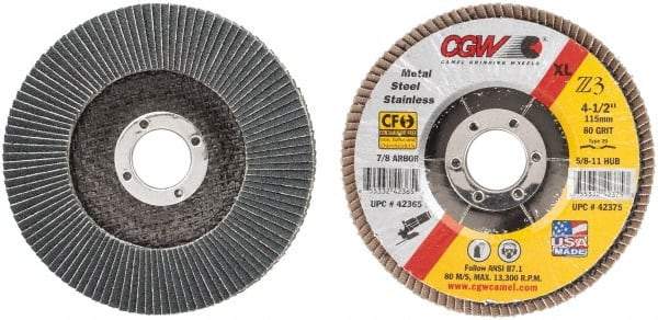 Camel Grinding Wheels - 80 Grit, 4-1/2" Disc Diam, 7/8" Center Hole, Type 29 Zirconia Alumina Flap Disc - 13,300 Max RPM, Poly Cotton Backing, Arbor Attaching System, Coated - Apex Tool & Supply