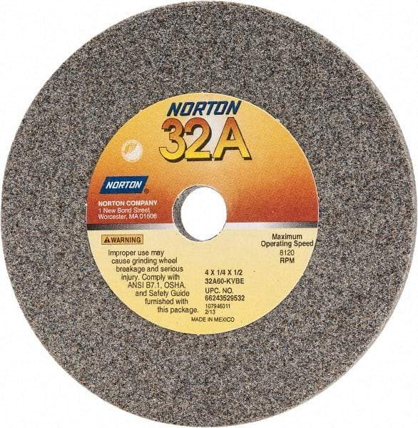 Norton - 60 Grit Aluminum Oxide Type 1 Internal Grinding Wheel - 4" Diam x 1/2" Hole x 1/4" Thick, 8,120 Max RPM, Type 1 Medium Grade, K Hardness, Vitrified Bond - Apex Tool & Supply