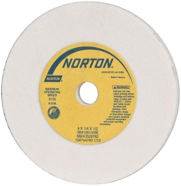 Norton - 100 Grit Aluminum Oxide Type 1 Internal Grinding Wheel - 4" Diam x 1/2" Hole x 1/4" Thick, 8,120 Max RPM, Type 1 Fine Grade, I Hardness, Vitrified Bond, No Recess - Apex Tool & Supply