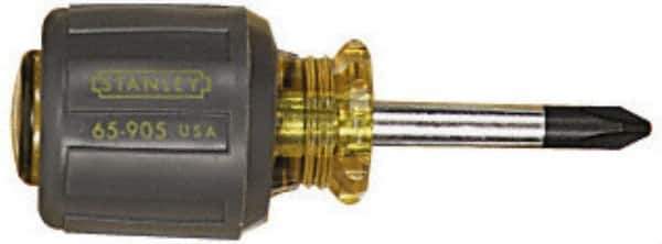 Stanley - #2, 3-7/8" OAL, Stubby Phillips Screwdriver - 1-1/2" Blade Length, Round Shank, Acetate with Rubber Grip Handle - Apex Tool & Supply