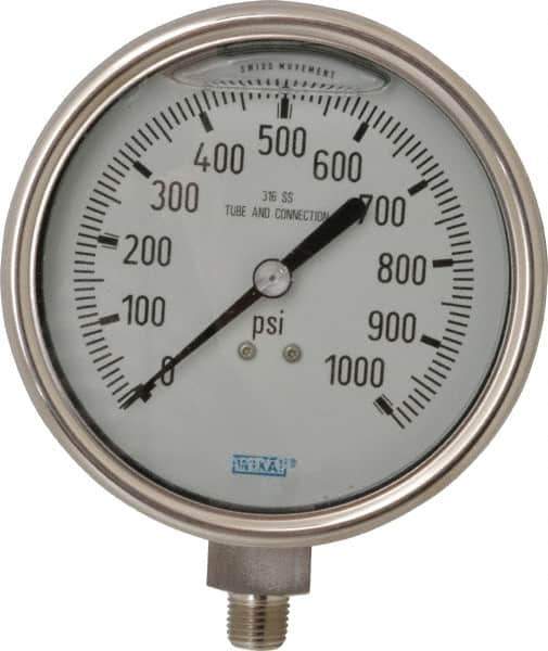 Wika - 4" Dial, 1/4 Thread, 0-1,000 Scale Range, Pressure Gauge - Lower Connection Mount, Accurate to 1% of Scale - Apex Tool & Supply