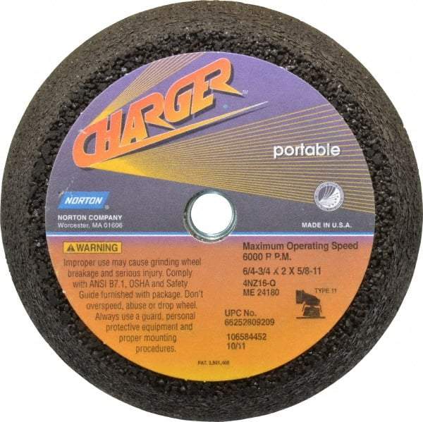 Norton - 6" Diam, 2" Overall Thickness, 16 Grit, Type 11 Tool & Cutter Grinding Wheel - Very Coarse Grade, Zirconia Alumina, Q Hardness, 6,000 RPM - Apex Tool & Supply