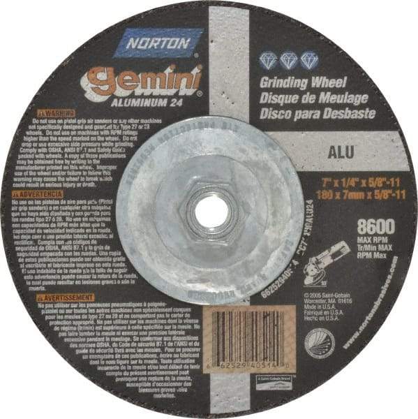 Norton - 24 Grit, 7" Wheel Diam, 1/4" Wheel Thickness, Type 27 Depressed Center Wheel - Aluminum Oxide, 8,600 Max RPM, Compatible with Angle Grinder - Apex Tool & Supply