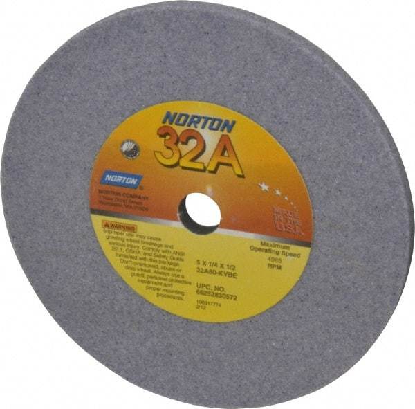 Norton - 60 Grit Aluminum Oxide Type 1 Internal Grinding Wheel - 5" Diam x 1/2" Hole x 1/4" Thick, 4965 Max RPM, Type 1 Medium Grade, K Hardness, Vitrified Bond, No Recess - Apex Tool & Supply