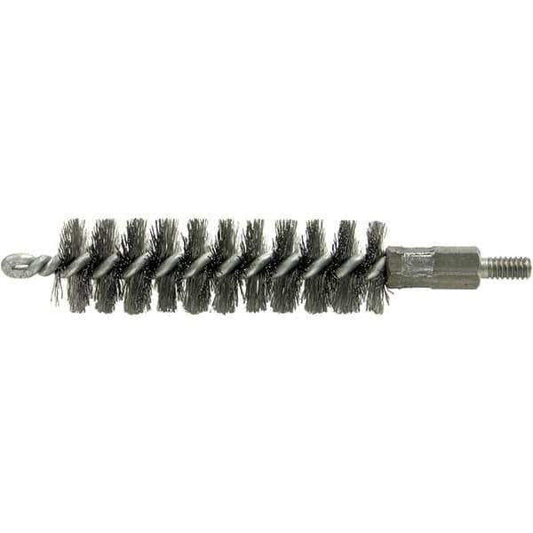 Brush Research Mfg. - 19/32" Diam Helical Stainless Steel Tube Brush - Single Spiral, 0.004" Filament Diam, 2" Brush Length, 2-9/16" OAL, 0.14" Diam Galvanized Steel Shank - Apex Tool & Supply