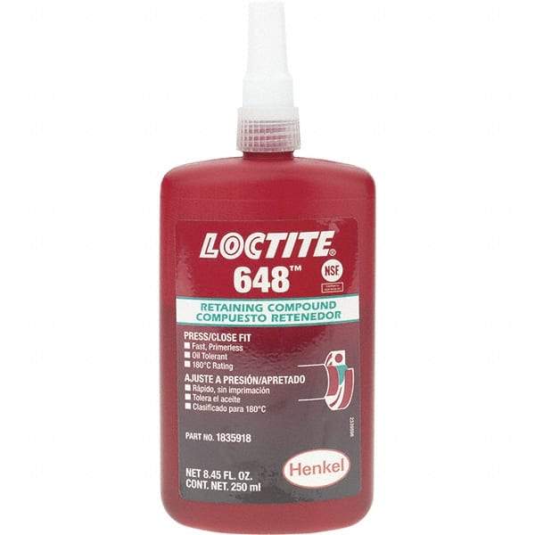 Loctite - 250 mL, Red, High Strength Retaining Compound - Series 648 - Apex Tool & Supply