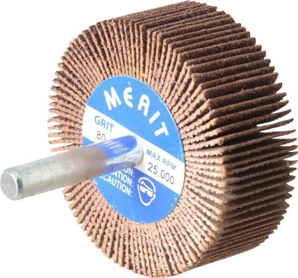 Merit Abrasives - 2" Diam x 3/4" Face Width, Medium Ceramic Alumina Coated Mounted Flap Wheel - 1/4" Shank Mount, 80 Grit, Cloth Backing, 25,000 Max RPM - Apex Tool & Supply