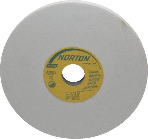 Norton - 8" Diam x 1-1/4" Hole x 1/2" Thick, K Hardness, 100 Grit Surface Grinding Wheel - Aluminum Oxide, Type 1, Fine Grade, 3,600 Max RPM, Vitrified Bond, No Recess - Apex Tool & Supply