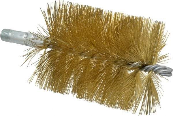 Schaefer Brush - 4-1/2" Brush Length, 3-1/2" Diam, Double Stem, Single Spiral Tube Brush - 8" Long, Brass, 1/4" NPSM Male Connection - Apex Tool & Supply