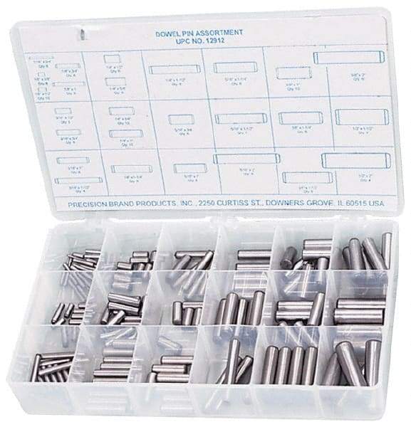 Precision Brand - 176 Piece, 1/16 to 1/2" Pin Diam, Dowel Pin Assortment - 1/2 to 2" Long, Steel, Uncoated - Apex Tool & Supply
