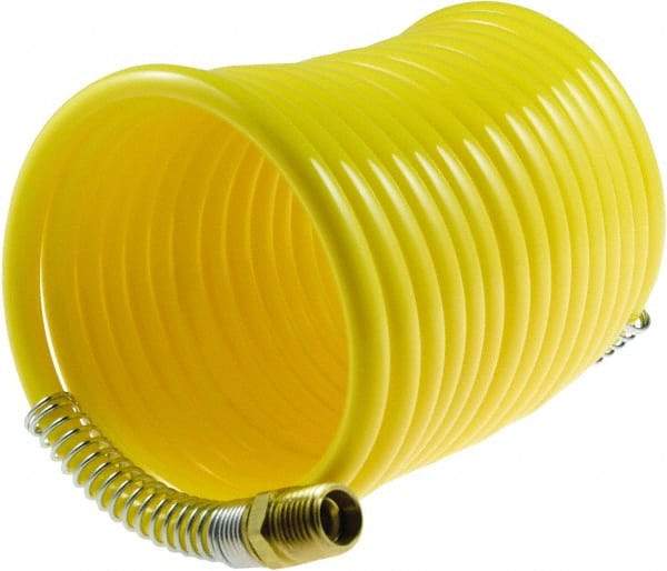 Coilhose Pneumatics - 1/4" ID, 1/4 Thread, 12' Long, Yellow Nylon Coiled & Self Storing Hose - 185 Max psi, Male Rigid x Male Swivel - Apex Tool & Supply