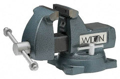 Wilton - 8" Jaw Width x 8-1/4" Jaw Opening Capacity, 4-3/4" Throat Depth, Bench & Pipe Combination Vise - 1/4 to 3-1/2" Pipe Capacity, Swivel Base, Bolt Down Attachment, Ductile Iron - Apex Tool & Supply