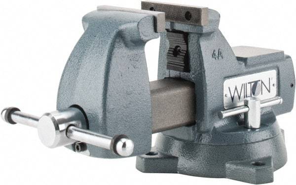 Wilton - 4" Jaw Width x 4-1/2" Jaw Opening Capacity, 3-7/16" Throat Depth, Bench & Pipe Combination Vise - 1/4 to 2" Pipe Capacity, Swivel Base, Bolt Down Attachment, Ductile Iron - Apex Tool & Supply