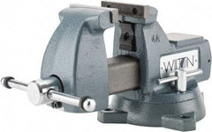 Wilton - 4" Jaw Width x 4-1/2" Jaw Opening Capacity, 3-7/16" Throat Depth, Bench & Pipe Combination Vise - 1/4 to 2" Pipe Capacity, Swivel Base, Bolt Down Attachment, Ductile Iron - Apex Tool & Supply