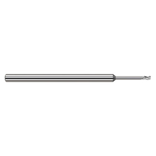 Variable Helix End Mills for Aluminum Alloys - 0.0200″ Cutter Diameter × 0.0020″ Radius × 0.0300″ Length of Cut × 0.1000″ Reach Carbide Corner Radius End Mill for Aluminum Alloys, 3 Flutes - Exact Industrial Supply