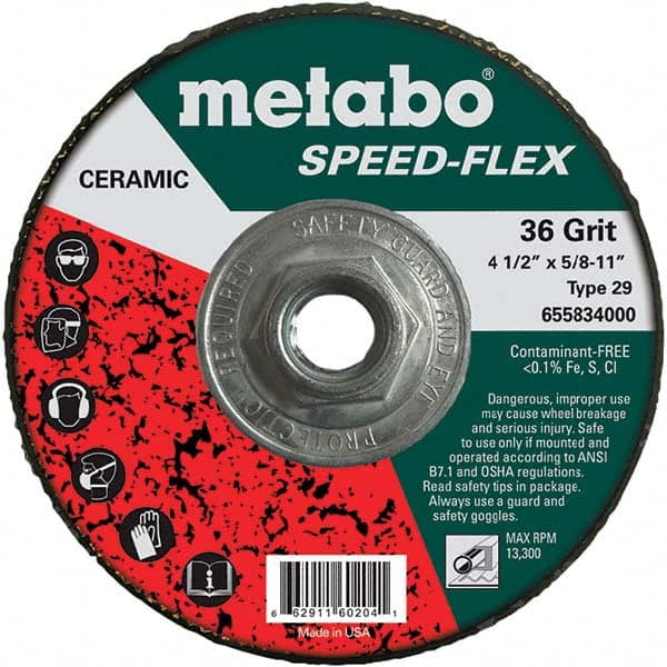 Metabo - 4-1/2" Diam, 5/8-11 Hole, 36 Grit Ceramic Alumina Fiber Disc - Apex Tool & Supply