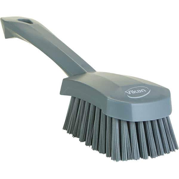 Vikan - 1.3" Bristle Length, Polyester Scrub Brush - 4-1/4" Long x 2-3/4" Wide Head, 10" OAL, Ergonomic Handle, Gray, Polypropylene Block - Apex Tool & Supply
