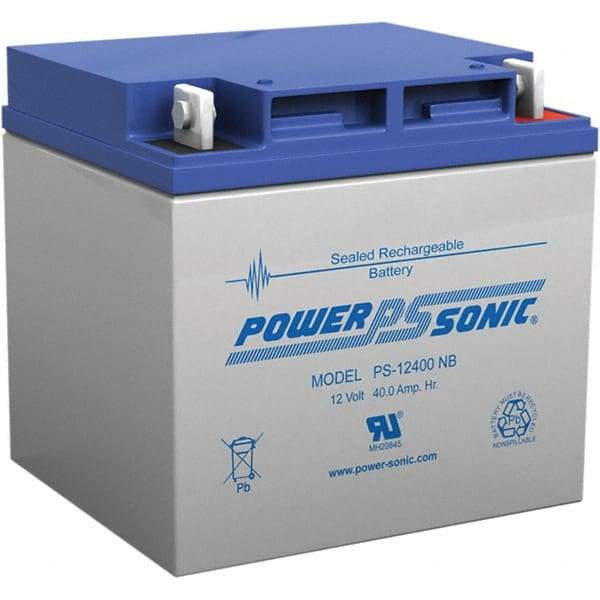 Power-Sonic - Lead-Acid, Nut/Bolt Terminal, 12 Volt, 40 Amp, Lead Rechargeable Battery - 7.5mm Hole Diam, 6mm Tab Thickness, 6-1/2" Wide x 6.69" High x 7.76" Deep - Apex Tool & Supply