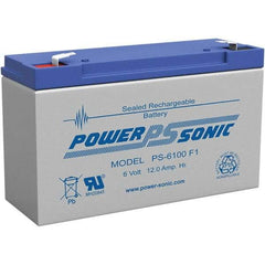 Power-Sonic - Lead-Acid, Quick-Disconnect Tab Terminal, 6 Volt, 12 Amp, Lead Rechargeable Battery - 3/16" Tab Width x 0.8mm Tab Thickness, 2" Wide x 3.7" High x 5.95" Deep - Apex Tool & Supply