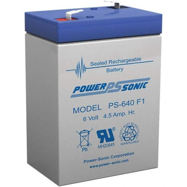 Power-Sonic - Lead-Acid, Quick-Disconnect Tab Terminal, 6 Volt, 4.5 Amp, Lead Rechargeable Battery - 3/16" Tab Width x 0.8mm Tab Thickness, 1.86" Wide x 3.94" High x 2.76" Deep - Apex Tool & Supply