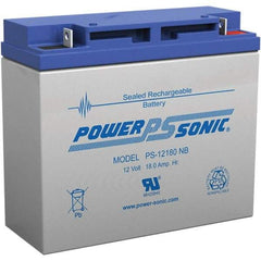 Power-Sonic - Lead-Acid, Nut/Bolt Terminal, 12 Volt, 18 Amp, Lead Rechargeable Battery - 5mm Hole Diam, 2mm Tab Thickness, 3" Wide x 6.59" High x 7.13" Deep - Apex Tool & Supply