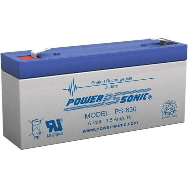 Power-Sonic - Lead-Acid, Quick-Disconnect Tab Terminal, 6 Volt, 3.5 Amp, Lead Rechargeable Battery - 3/16" Tab Width x 0.8mm Tab Thickness, 1.34" Wide x 2.35" High x 5.28" Deep - Apex Tool & Supply