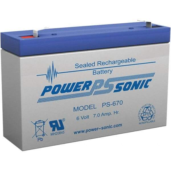 Power-Sonic - Lead-Acid, Quick-Disconnect Tab Terminal, 6 Volt, 7 Amp, Lead Rechargeable Battery - 3/16" Tab Width x 0.8mm Tab Thickness, 1.34" Wide x 3.7" High x 5.95" Deep - Apex Tool & Supply