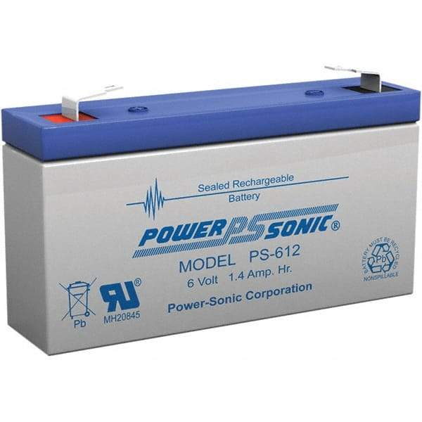 Power-Sonic - Lead-Acid, Quick-Disconnect Tab Terminal, 6 Volt, 1.4 Amp, Lead Rechargeable Battery - 3/16" Tab Width x 0.8mm Tab Thickness, 0.94" Wide x 2" High x 3.82" Deep - Apex Tool & Supply