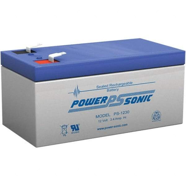 Power-Sonic - Lead-Acid, Quick-Disconnect Tab Terminal, 12 Volt, 3.4 Amp, Lead Rechargeable Battery - 3/16" Tab Width x 0.8mm Tab Thickness, 2.64" Wide x 2.36" High x 5.24" Deep - Apex Tool & Supply