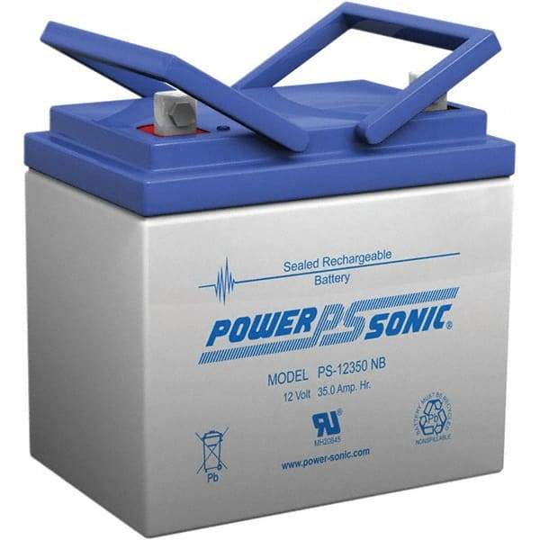 Power-Sonic - Lead-Acid, Nut/Bolt Terminal, 12 Volt, 35 Amp, Lead Rechargeable Battery - 6mm Hole Diam, 6mm Tab Thickness, 5.14" Wide x 6.22" High x 7.72" Deep - Apex Tool & Supply